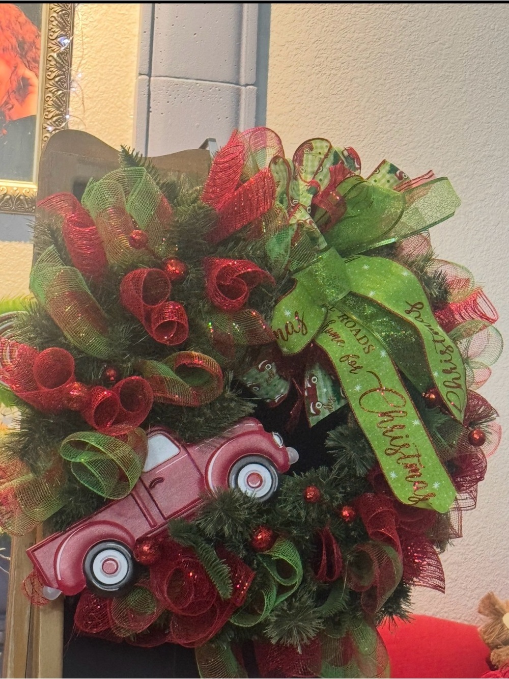 Red & Green Holiday Wreath with Vintage Red Truck - ALL ROADS LEAD HOME WREATH